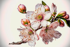 Foto una rama de cerezo en flor sobre un fondo blanco.