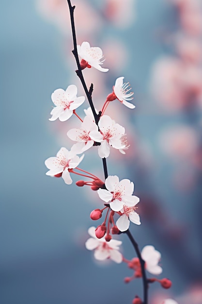 una rama de un cerezo con flores rosadas.