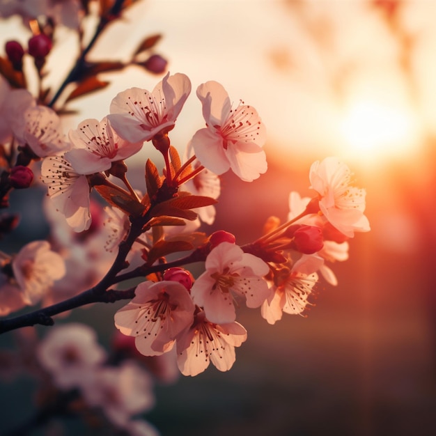 Una rama de cerezos en flor con la puesta de sol detrás de ella.