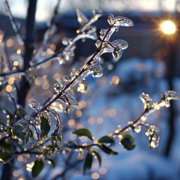 una rama congelada con hielo y hielo en ella y el sol brillando a través de las hojas