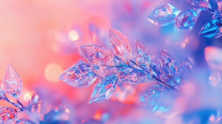 La rama de cristal brillando con luz rosa y azul