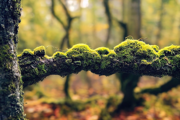 Foto rama cubierta de musgo verde con bosque de otoño