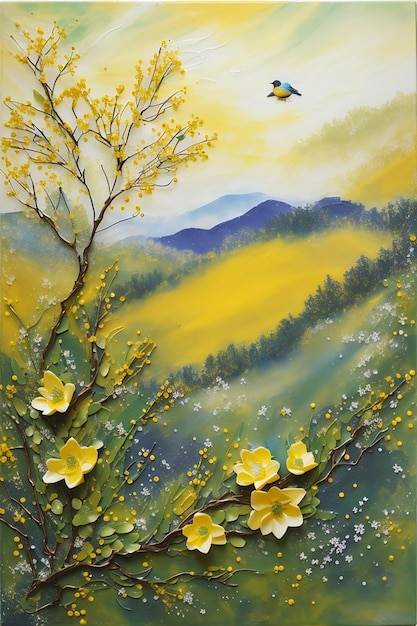 Una rama enmarca un paisaje de campanillas azules de primavera, anémonas, gorse amarillo y colinas con un pequeño pájaro en la rama