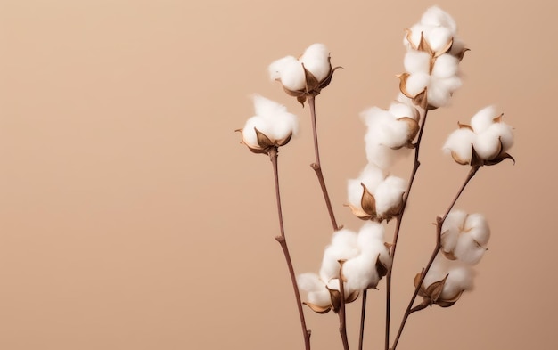 Rama de flor de algodón esponjosa seca sobre un fondo beige