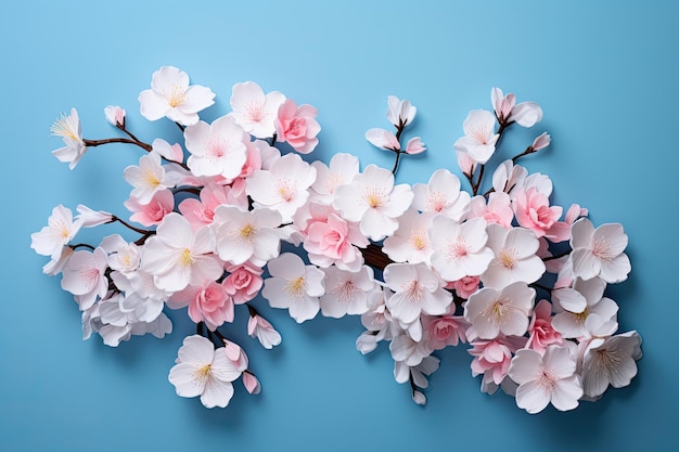 Rama de flor de cerezo en fondo azul vista superior espacio de copia flores rosadas y blancas en un fondo azul AI Generado