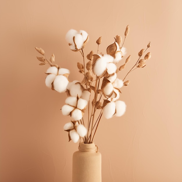 Rama de flores de algodón esponjosas y secas sobre un fondo beige
