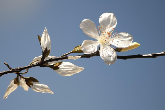 una rama con flores blancas contra un cielo azul