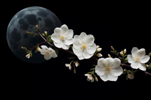 una rama con flores blancas y la luna al fondo