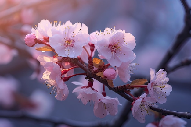 Una rama de flores de cerezo con flores rosas.