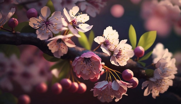 Una rama de flores de cerezo con flores rosas.