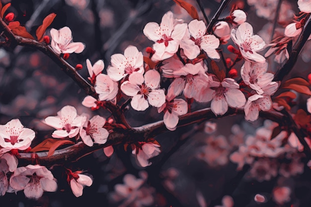 Una rama de flores de cerezo con flores rosas.