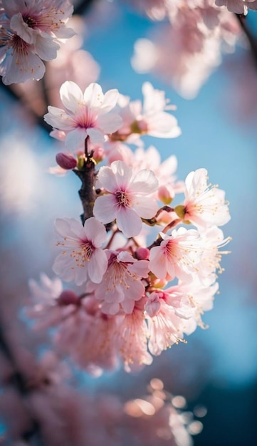 Una rama de flores de cerezo con flores rosas.
