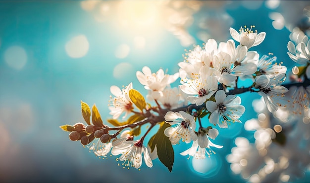 Una rama de flores de cerezo con un fondo azul.