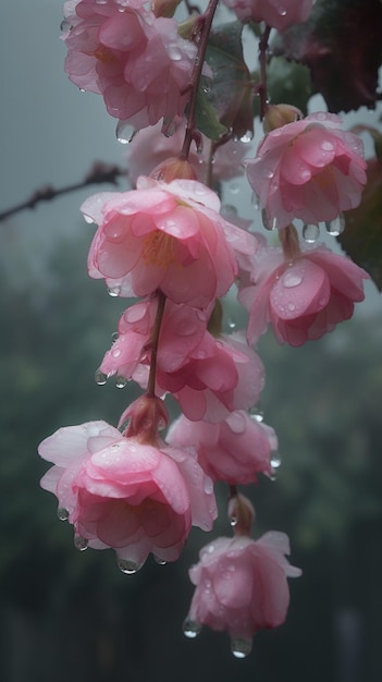 Una rama de flores de cerezo con gotas de lluvia sobre ella