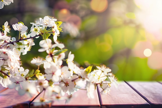 Una rama de flores de cerezo en una mesa de madera
