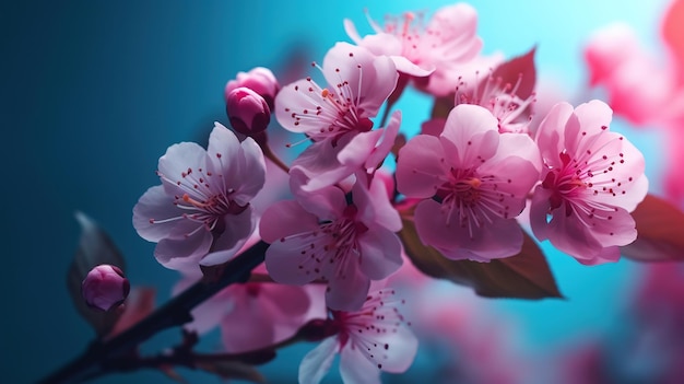 Rama de flores de cerezo de primavera en ai generativo retroiluminado rosa y azul