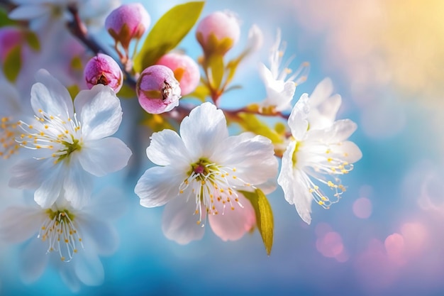 Una rama de flores de cerezo con el sol brillando a través de las hojas.