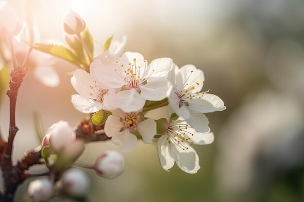 Una rama de flores de cerezo con el sol brillando a través de las hojas.