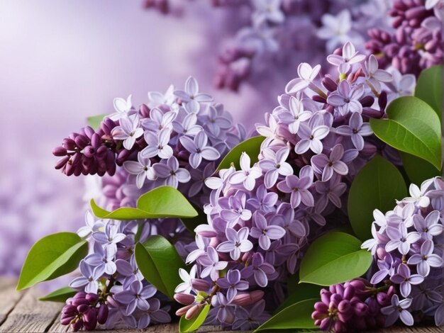 Rama de flores de lila en una mesa de madera Fondo de primavera