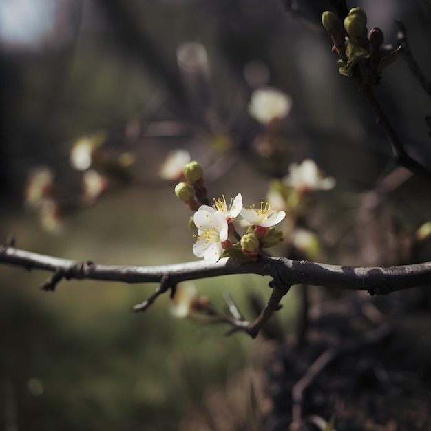 Una rama con flores que empiezan a florecer.