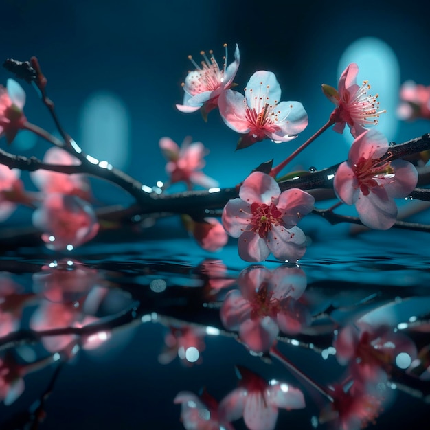 Una rama de flores rosadas con la palabra cereza