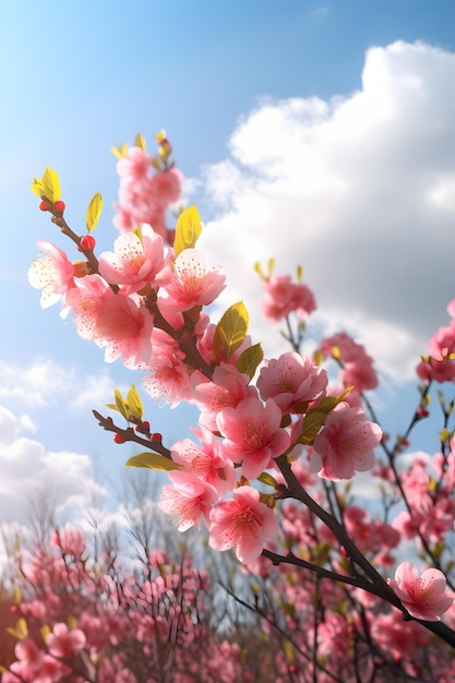 Una rama de flores rosas con el cielo de fondo