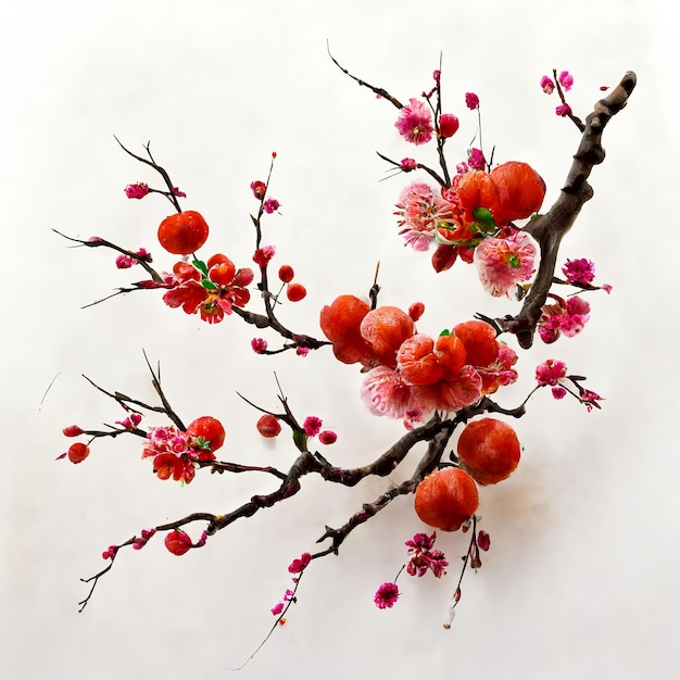 Una rama con flores rosas y flores rojas se muestra en una pared blanca