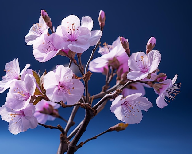 una rama con flores rosas sobre un fondo azul