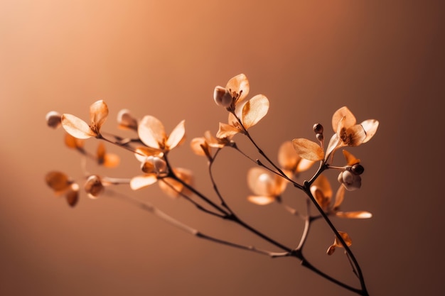 Una rama de flores secas con un fondo marrón.