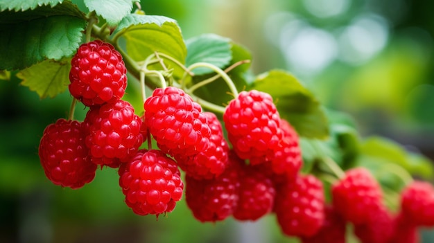 Una rama de frambuesas maduras en un jardín