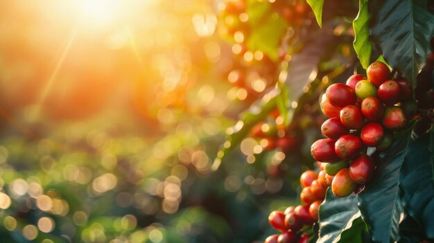 rama de granos de café rojos maduros que crecen en la plantación con sol