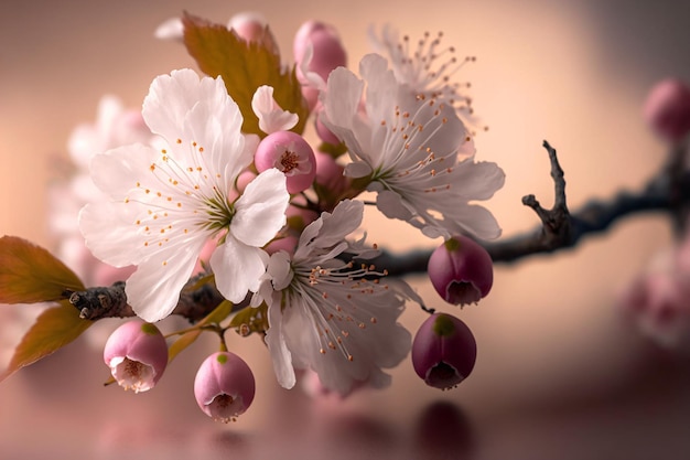 Una rama de hermosa flor de cerezo con fondo rosa claro