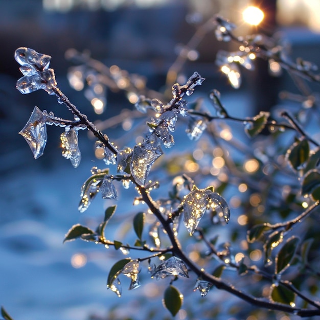 una rama con hielo y hielo en ella y el sol detrás de ella