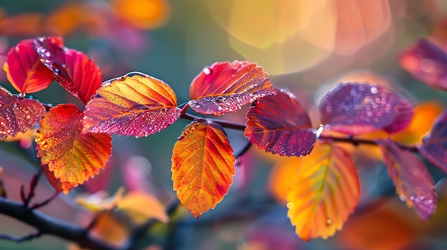 Una rama de hojas de otoño con un fondo borroso Las hojas son de una variedad de colores incluyendo rojo naranja amarillo y verde