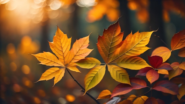 Una rama de hojas de otoño con el sol brillando a través de las hojas.