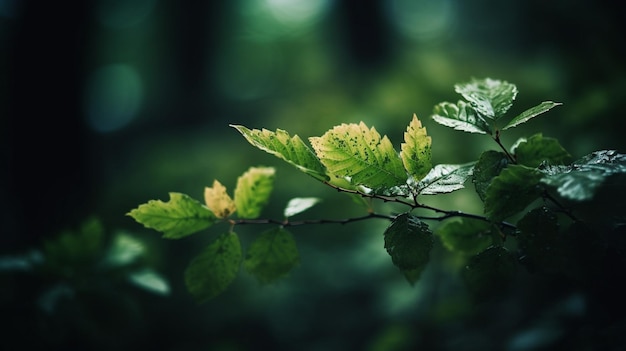 Una rama con hojas verdes y la palabra bosque en ella