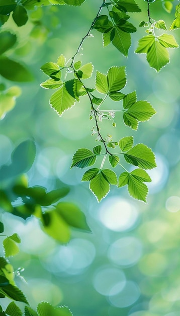 Una rama con hojas verdes y el sol brillando a través de las hojas