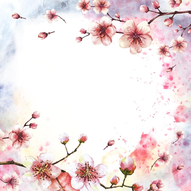 rama de la ilustración de árbol de primavera con flores dibujadas a mano de cereza sakura o brotes de manzana y