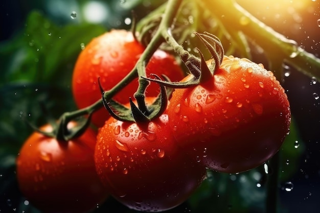 Rama de jugosos tomates maduros orgánicos frescos que crecen en invernadero