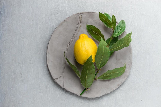 Una rama de laurel fresco con limón en un plato gris concepto de comida vista superior sin gente