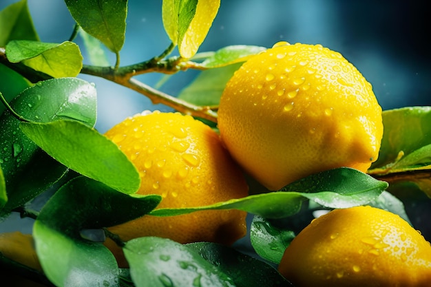 Rama de limonero con limones amarillos maduros con gotas y hojas verdes sobre fondo oscuro