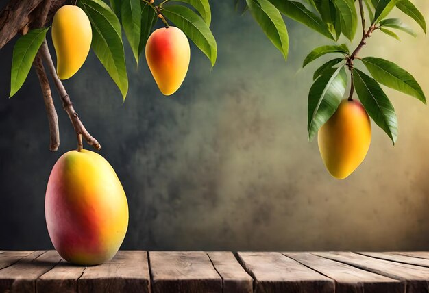 Foto una rama de mangos colgando de una rama con un fondo oscuro