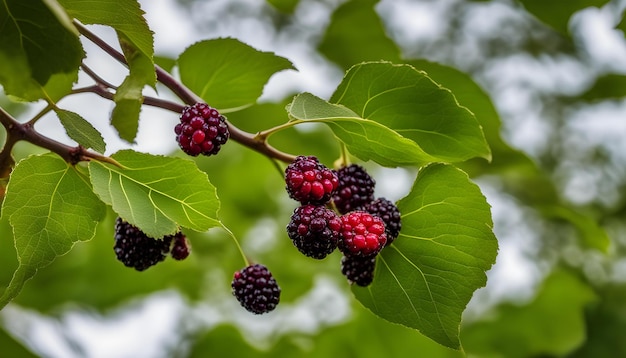 Foto una rama con moras y hojas verdes con un cielo en el fondo