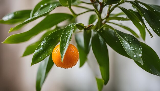 una rama con una naranja en ella y una hoja verde