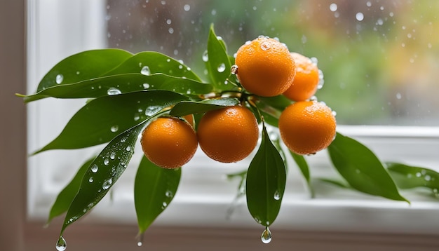 una rama de naranjas con gotas de agua en ella y una hoja que tiene agua en ella