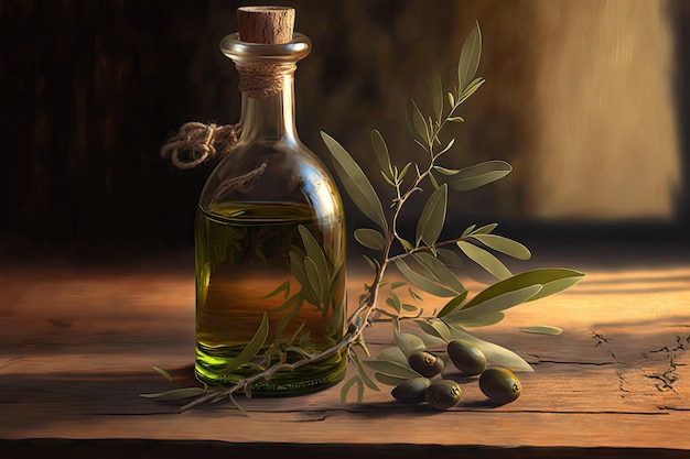 Rama de olivo y aceite en una mesa de madera