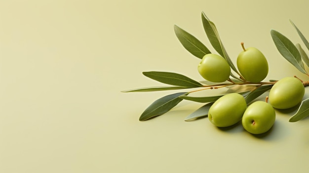Rama de olivo con aceitunas verdes y hojas sobre un fondo amarillo