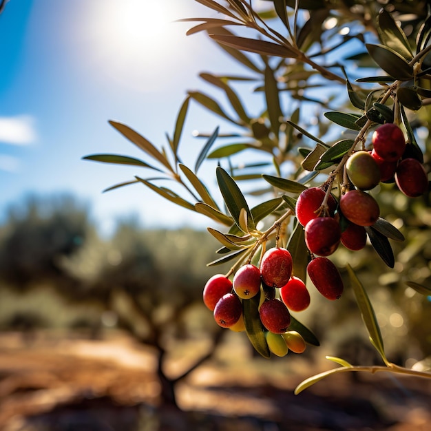 Rama de olivo en una granja con cielo azul en un día soleado