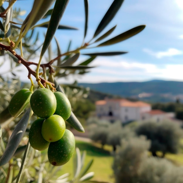 Rama de olivo en un paisaje rural con casas mediterráneas al fondo