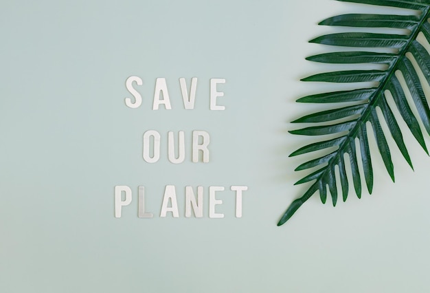 Rama de palma e inscripción salvan nuestro planeta en verde claro